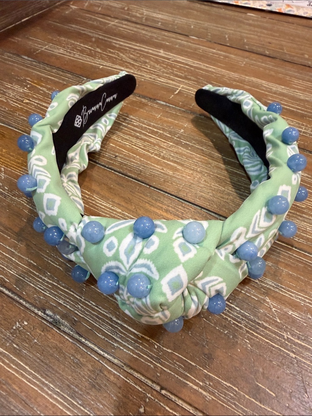 Knot Headband with Blue Bead Accents in Mint Green